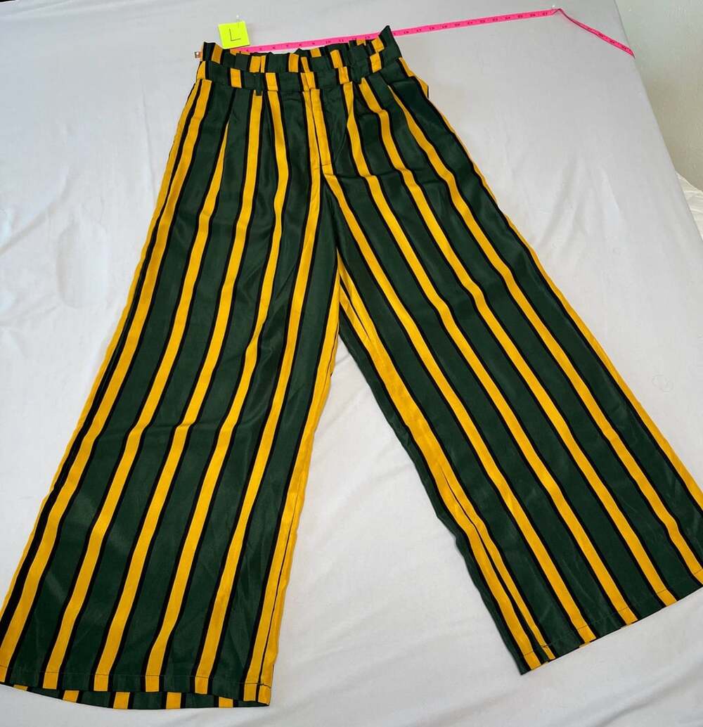 Green Yellow Striped Wide-Leg Pants High-Waist Coastal Resort Statement Trousers